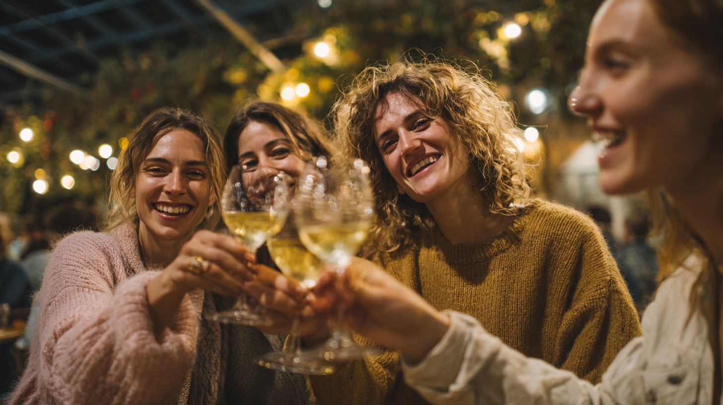 Grupo de quatro mulheres sorrindo e brindando com taças de vinho em um ambiente festivo e iluminado. A cena transmite alegria e amizade, ideal para celebrações e momentos especiais.